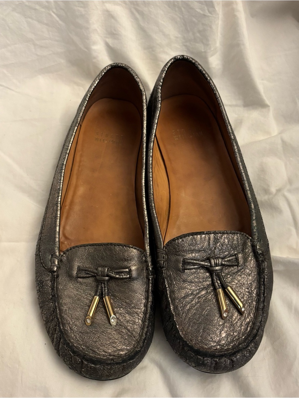 Stuart Weitzman Metallic Gray Leather Tassel Loafers